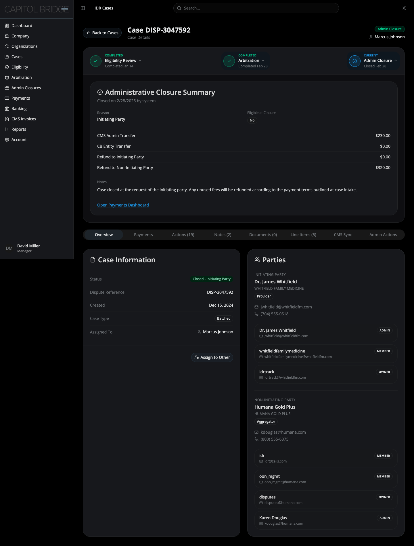 Administrative Closure Summary card with reason, financials, and notes