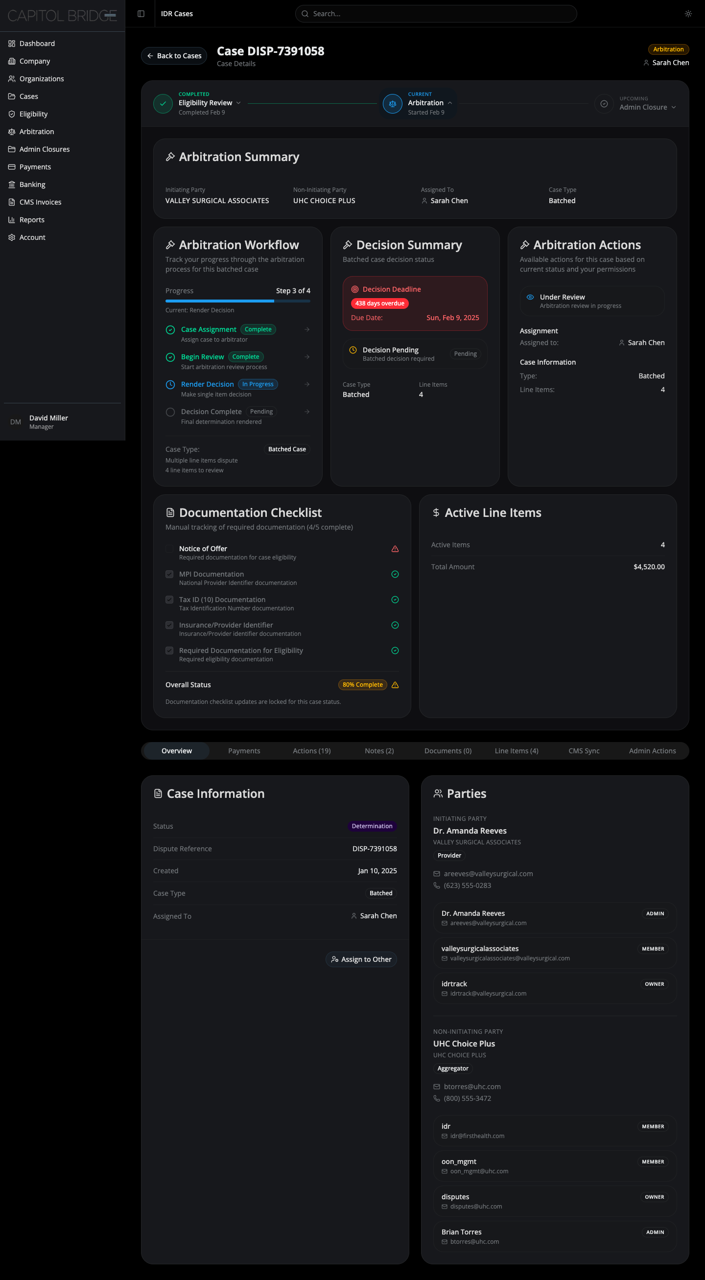 Arbitration panel expanded with workflow, decision summary, and documentation footer