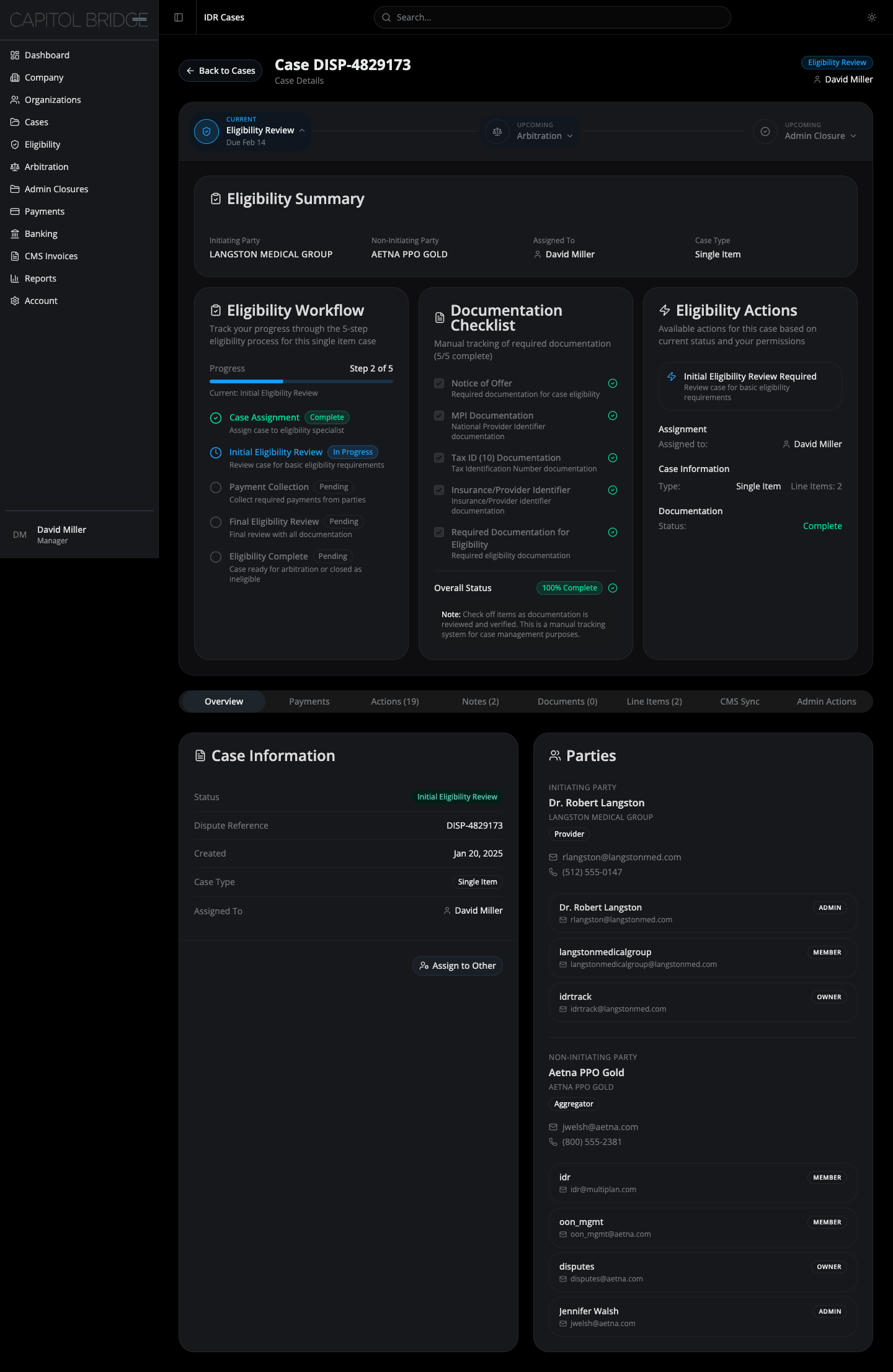 Eligibility panel expanded with workflow, checklist, and actions columns